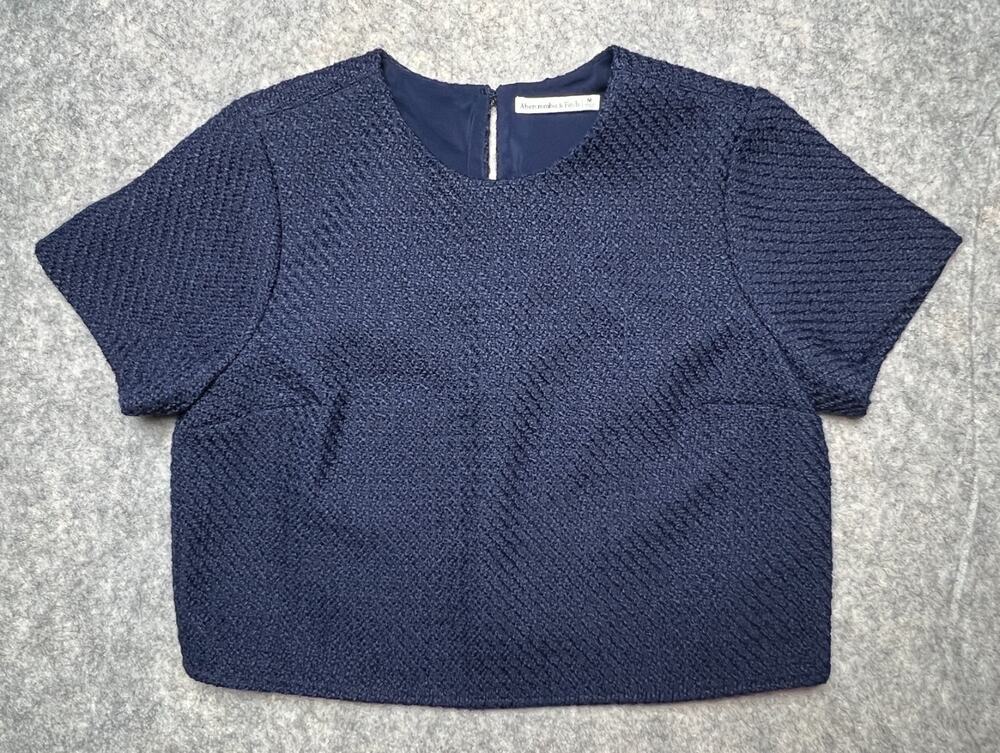 Abercrombie & Fitch Tweed Woven Tee Navy Cropped Boxy Luxury Women's Size M